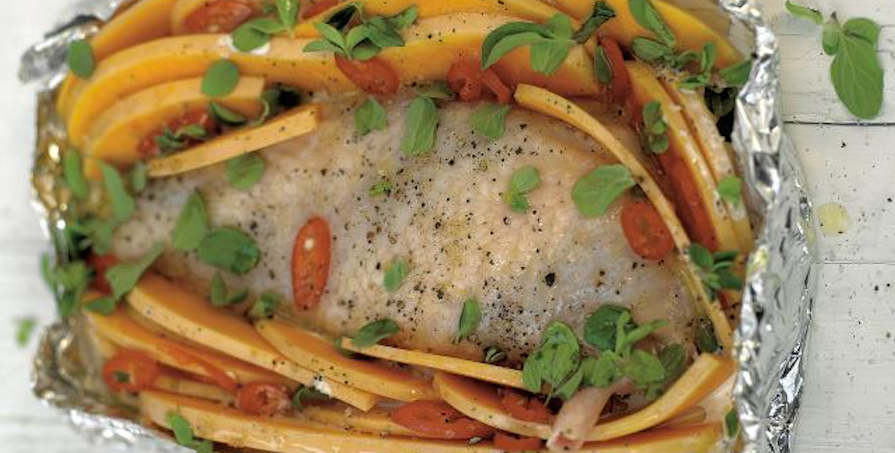 Roasted chicken breast with creamy butternut squash and chilli