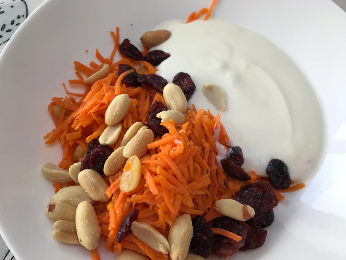 Carrot, nut and yoghurt brunch bowl