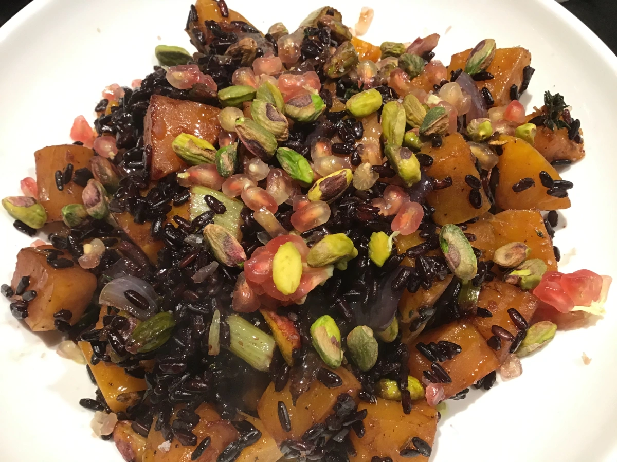 Middle Eastern-inspired butternut squash and black rice pilaf